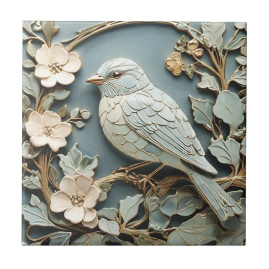 Art Nouveau Faux Relief Blauwvogel Vogel Links teg Tegeltje (Voorkant)