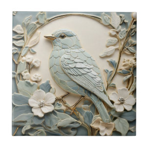 Art Nouveau Faux Relief Bluebird Bird Left Mint Tegeltje