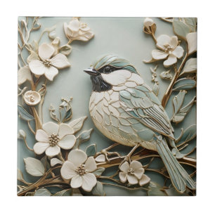 Art Nouveau Faux Relief Chickadee Bird Mint Floral Tegeltje