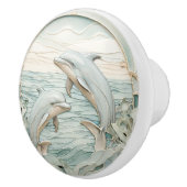 Art Nouveau Faux Relief Dolfijnen Mint Blauw & Wit Keramische Knop (Rechts)