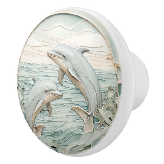 Art Nouveau Faux Relief Dolfijnen Mint Blauw & Wit Keramische Knop (Rechts)
