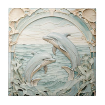Art Nouveau Faux Relief Dolfijnen Mint Blauw & Wit