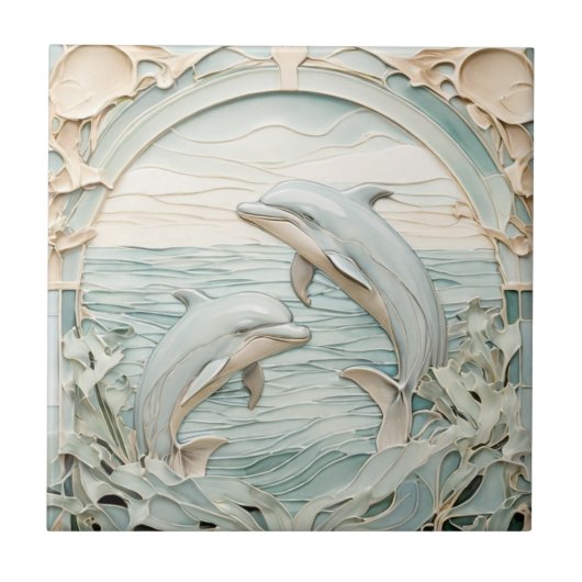 Art Nouveau Faux Relief Dolfijnen Mint Blauw & Wit Tegeltje (Voorkant)