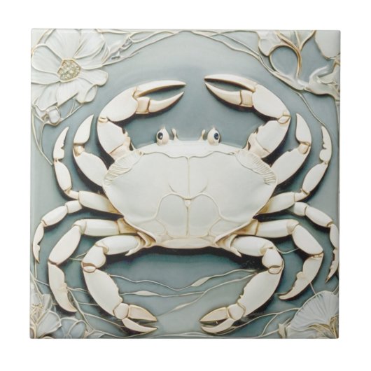 Art Nouveau Faux Relief Dusty Blue Ocean Zee Crab Tegeltje (Voorkant)