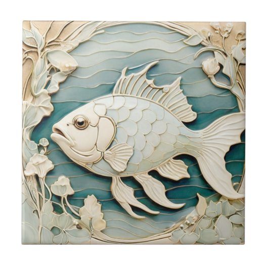 Art Nouveau Faux Relief Fish Zee Ocean Nautical Tegeltje (Voorkant)