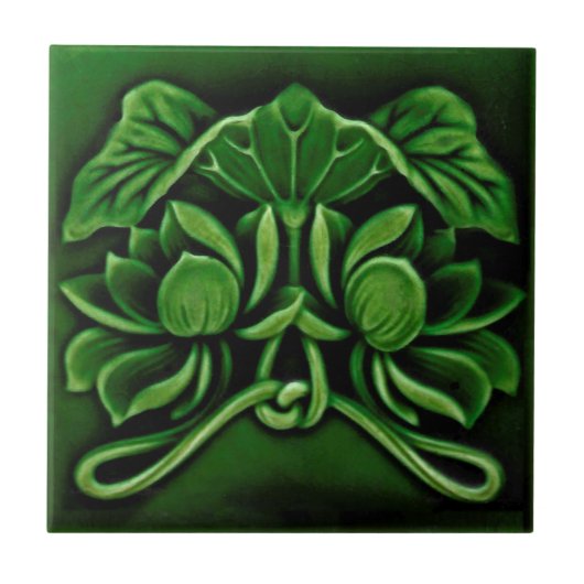 Art Nouveau Faux Relief Floral Majolica Dk Green Tegeltje (Voorkant)
