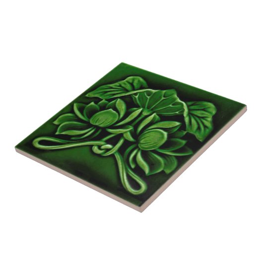 Art Nouveau Faux Relief Floral Majolica Dk Green Tegeltje (Zijkant)