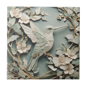 Art Nouveau Faux Relief Hummingbird Bird Mint Tegeltje