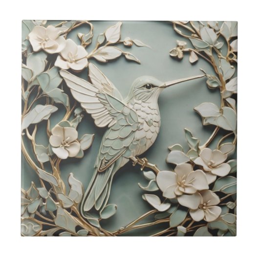 Art Nouveau Faux Relief Hummingbird Bird Mint Tegeltje (Voorkant)