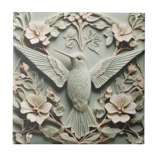 Art Nouveau Faux Relief Kolibrie Vogel Bloemen Tegeltje (Voorkant)