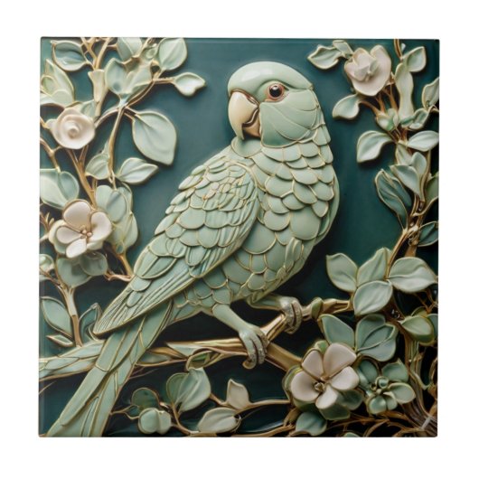 Art Nouveau Faux Relief L Parakeet Bird Blauwgroen Tegeltje (Voorkant)