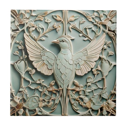 Art Nouveau Faux Relief Left Bird Pastel Mint Tegeltje (Voorkant)
