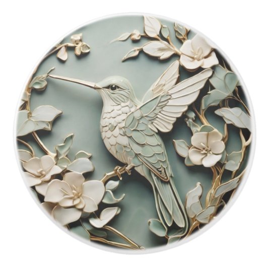 Art Nouveau Faux Relief Left Hummingbird Bird Mint Keramische Knop (Voorkant)