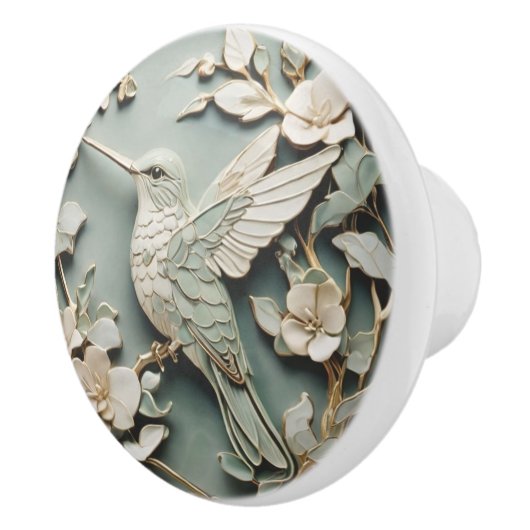 Art Nouveau Faux Relief Left Hummingbird Bird Mint Keramische Knop (Rechts)