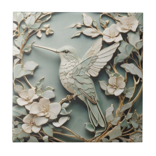 Art Nouveau Faux Relief Left Hummingbird Bird Mint Tegeltje