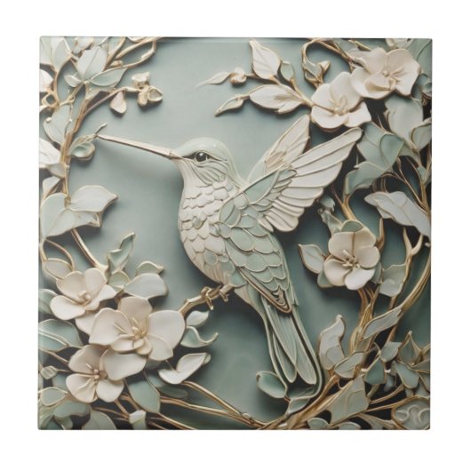 Art Nouveau Faux Relief Left Hummingbird Bird Mint Tegeltje (Voorkant)