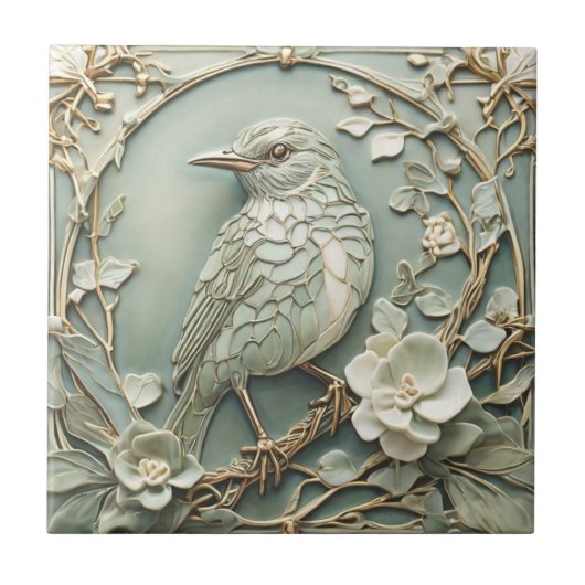 Art Nouveau Faux Relief Links Starling Bird Wijze Tegeltje (Voorkant)