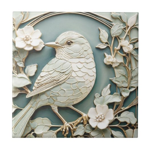 Art Nouveau Faux Relief Links Tegenover Wren Bird  Tegeltje (Voorkant)