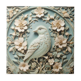 Art Nouveau Faux Relief Links Vogel Bloemen Munt Tegeltje