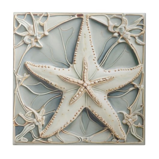 Art Nouveau Faux Relief Mint Starfish Zee Star Tegeltje (Voorkant)