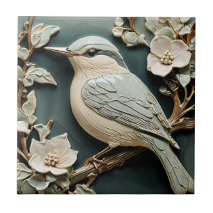 Art Nouveau Faux Relief Nuthatch Bird L Turquoise Tegeltje