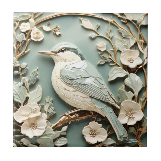 Art Nouveau Faux Relief Nuthatch Vogel Links tegen Tegeltje (Voorkant)