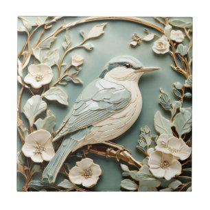 Art Nouveau Faux Relief Nuthatch Vogel Rechts tege Tegeltje
