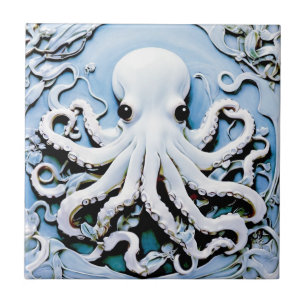 Art Nouveau Faux Relief Octopus - Blauw & Wit Tegeltje