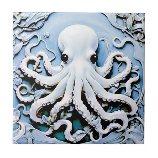 Art Nouveau Faux Relief Octopus - Blauw & Wit Tegeltje (Voorkant)