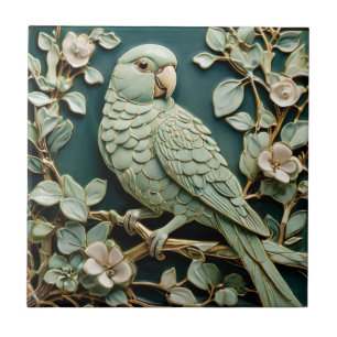 Art Nouveau Faux Relief R Parakeet Bird Blauwgroen Tegeltje