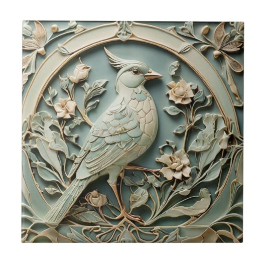 Art Nouveau Faux Relief Rechter Vogel Fancy Bloeme Tegeltje (Voorkant)
