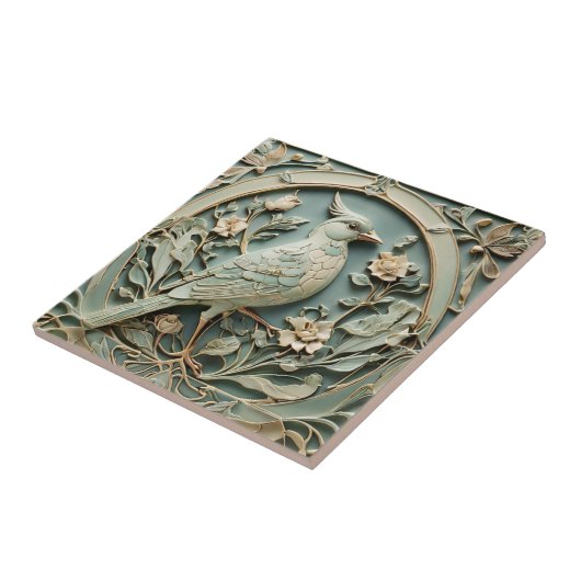 Art Nouveau Faux Relief Rechter Vogel Fancy Bloeme Tegeltje (Zijkant)