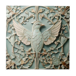 Art Nouveau Faux Relief Right Bird Pastel Mint Tegeltje