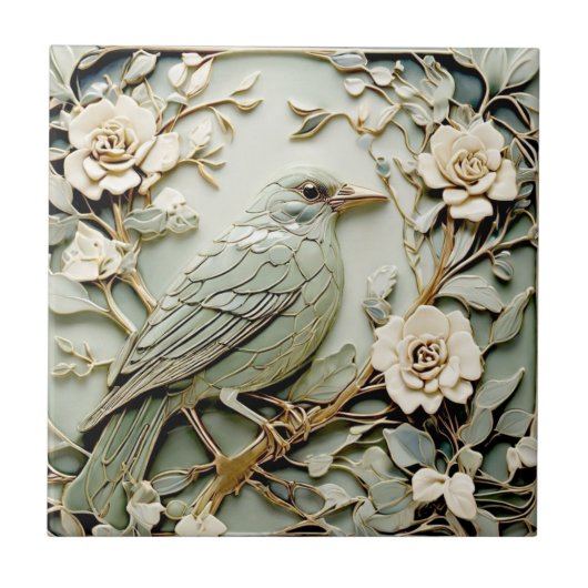 Art Nouveau Faux Relief Right Blackbird Bird Mint Tegeltje (Voorkant)