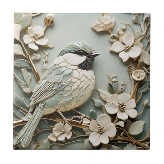 Art Nouveau Faux Relief Right Chickadee Bird Mint Tegeltje (Voorkant)