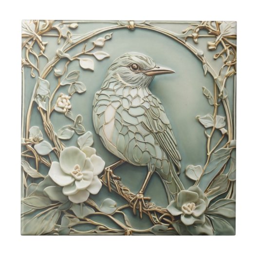 Art Nouveau Faux Relief Right Starling Bird Salie Tegeltje (Voorkant)