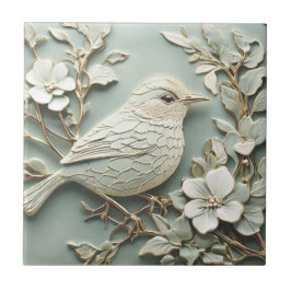 Art Nouveau Faux Relief Right Wren Bird Mint Tegeltje