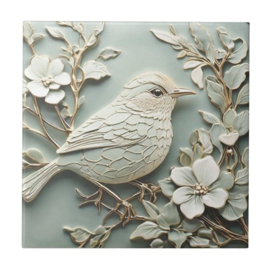 Art Nouveau Faux Relief Right Wren Bird Mint Tegeltje (Voorkant)