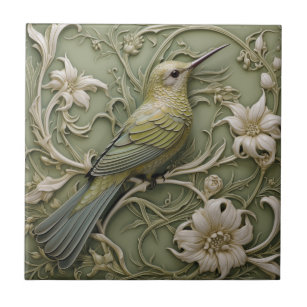 Art Nouveau Faux Relief Sage Groene kolibrie Tegeltje
