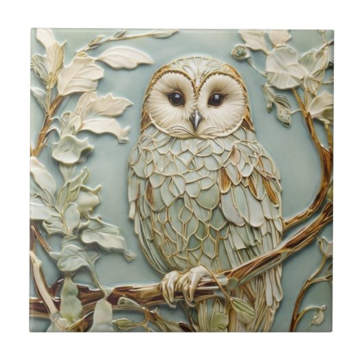 Art Nouveau Faux Relief Tawny Uil Bird Pastel Mint Tegeltje (Voorkant)