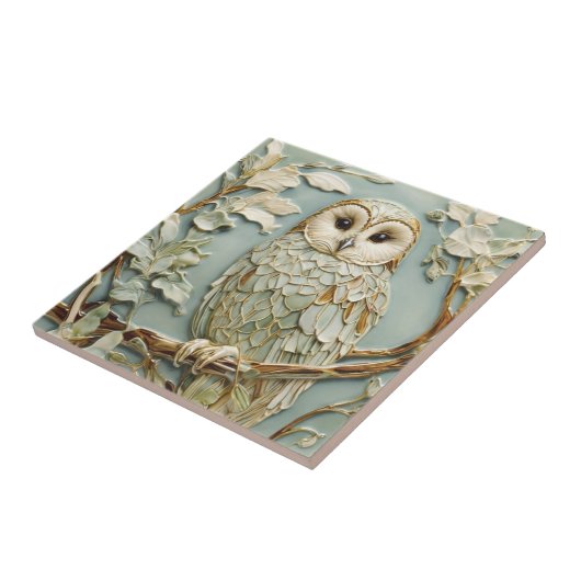 Art Nouveau Faux Relief Tawny Uil Bird Pastel Mint Tegeltje (Zijkant)