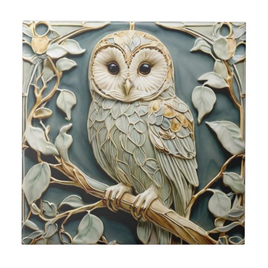 Art Nouveau Faux Relief Tawny Uil Woodland Bird Tegeltje (Voorkant)