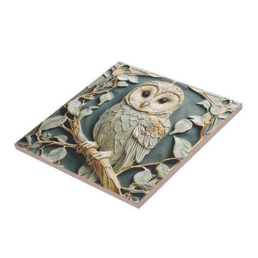 Art Nouveau Faux Relief Tawny Uil Woodland Bird Tegeltje (Zijkant)