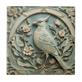Art Nouveau Faux Relief Vogel Fancy Bloemen Tegeltje