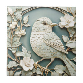 Art Nouveau Faux Relief Wren Bird Antiek Mint Tegeltje