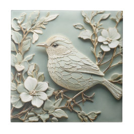 Art Nouveau Faux Relief Wren Bird  Mint Tegeltje