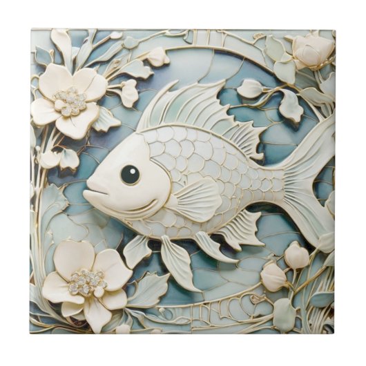 Art Nouveau Faux Relief Zee Ocean Fish Links tegen Tegeltje (Voorkant)