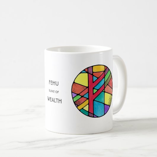 Art Nouveau Fehu Rune Mok - WEALTH! (Voorkant rechts)