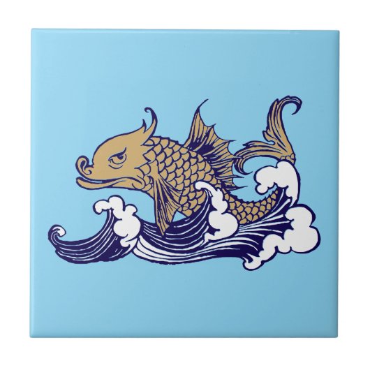 Art Nouveau Fish in Wave beroemd gemaakt door Arth Tegeltje (Voorkant)