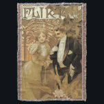 art nouveau flirt koekjes, Alphonse Mucha Deken<br><div class="desc">illustratie franse Art Nouveau adverteren het ontwerp van het poster voor Flirt Biscuits door Alphons Mucha. c. 1899. Dit reclameontwerp voor liefde en romance is uitgerust met een nieuw bruid en bruinkoppel dat flirt. De vrouw zit in een elegante Victoriaans trouwjurk en het man zit in een dapper, fancy tuxedo....</div>